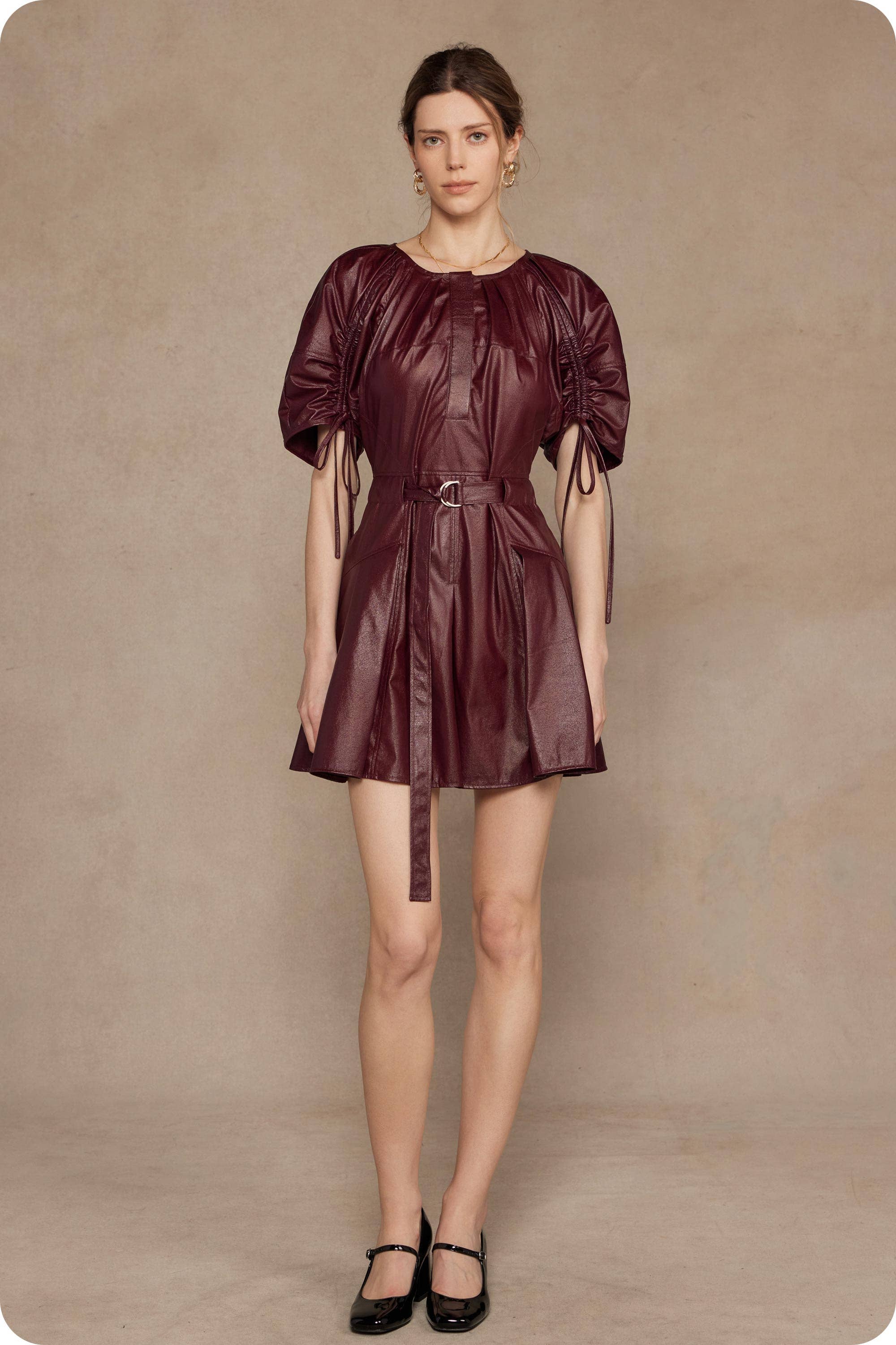 Burgundy Waist Belt Pleated Faux Leather Mini Dress for wholesale on Faire5