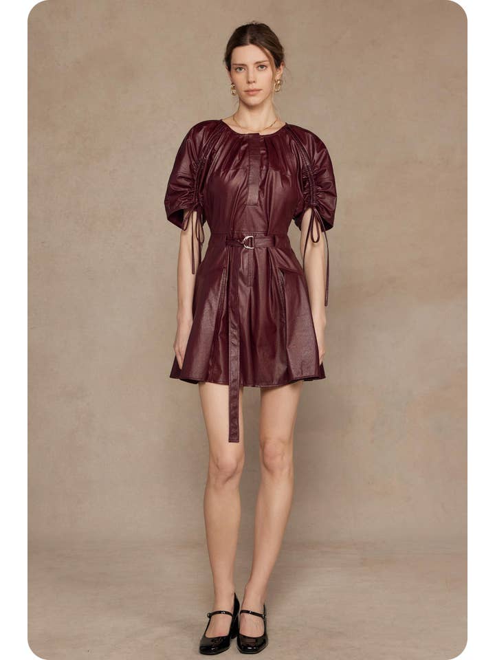 Burgundy Waist Belt Pleated Faux Leather Mini Dress for wholesale on Faire5