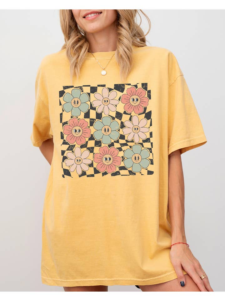 Refinery Number One LLC – wholesale T-shirt (graphic) – women's – Retro Flowers, Checkered, Daisies, Hippie, Positivity Shirt