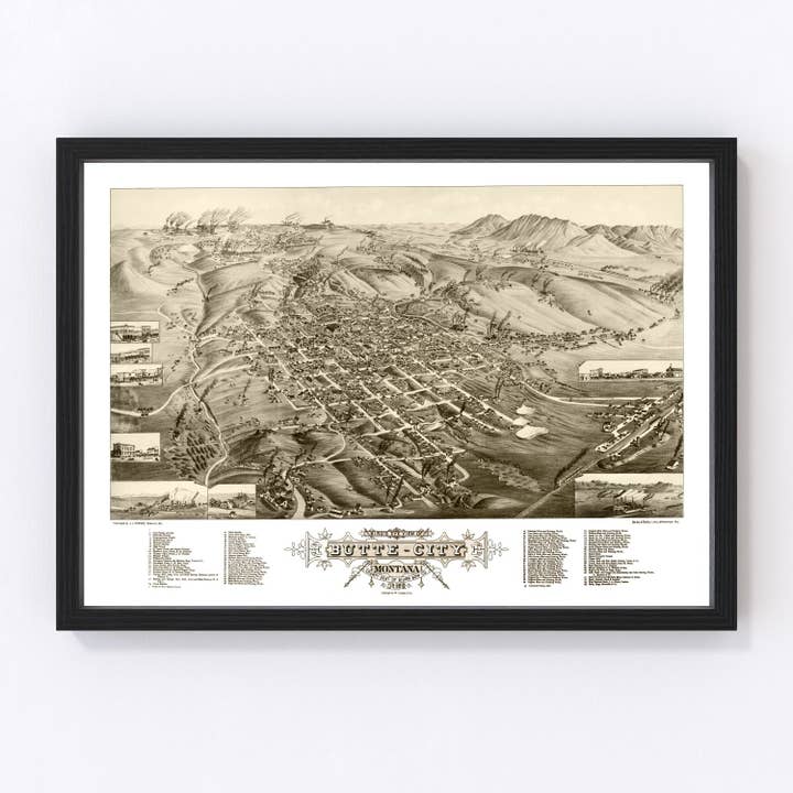Vintage Map of Butte City, Montana 1884 for wholesale by Ted's Vintage Art