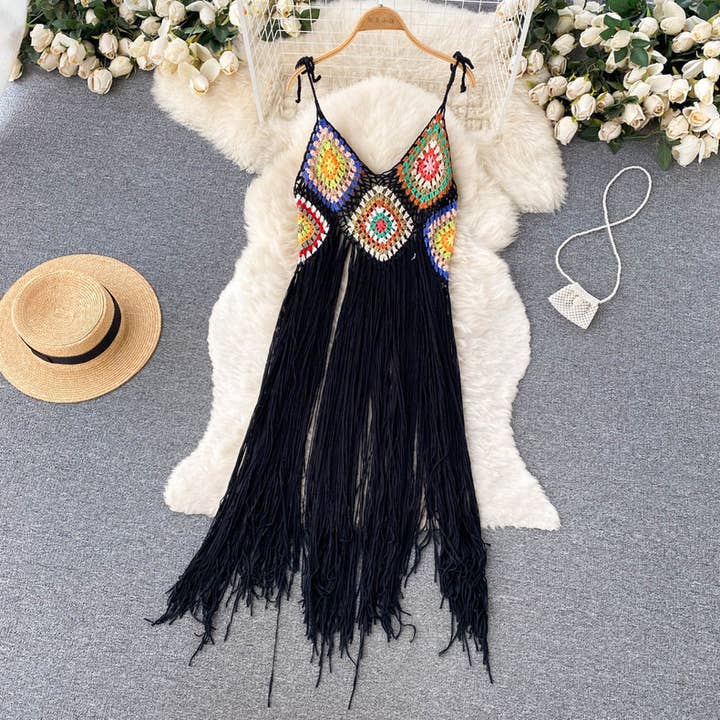 HIDDENBRAND - Wholesale Dress - Women's - Western cowgirl Boho Crochet lace long tassel strappy dress8