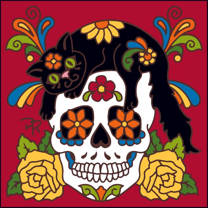 Day of the Dead Skull Cat Hat Tile (9239A) for wholesale by Earthtones Tile