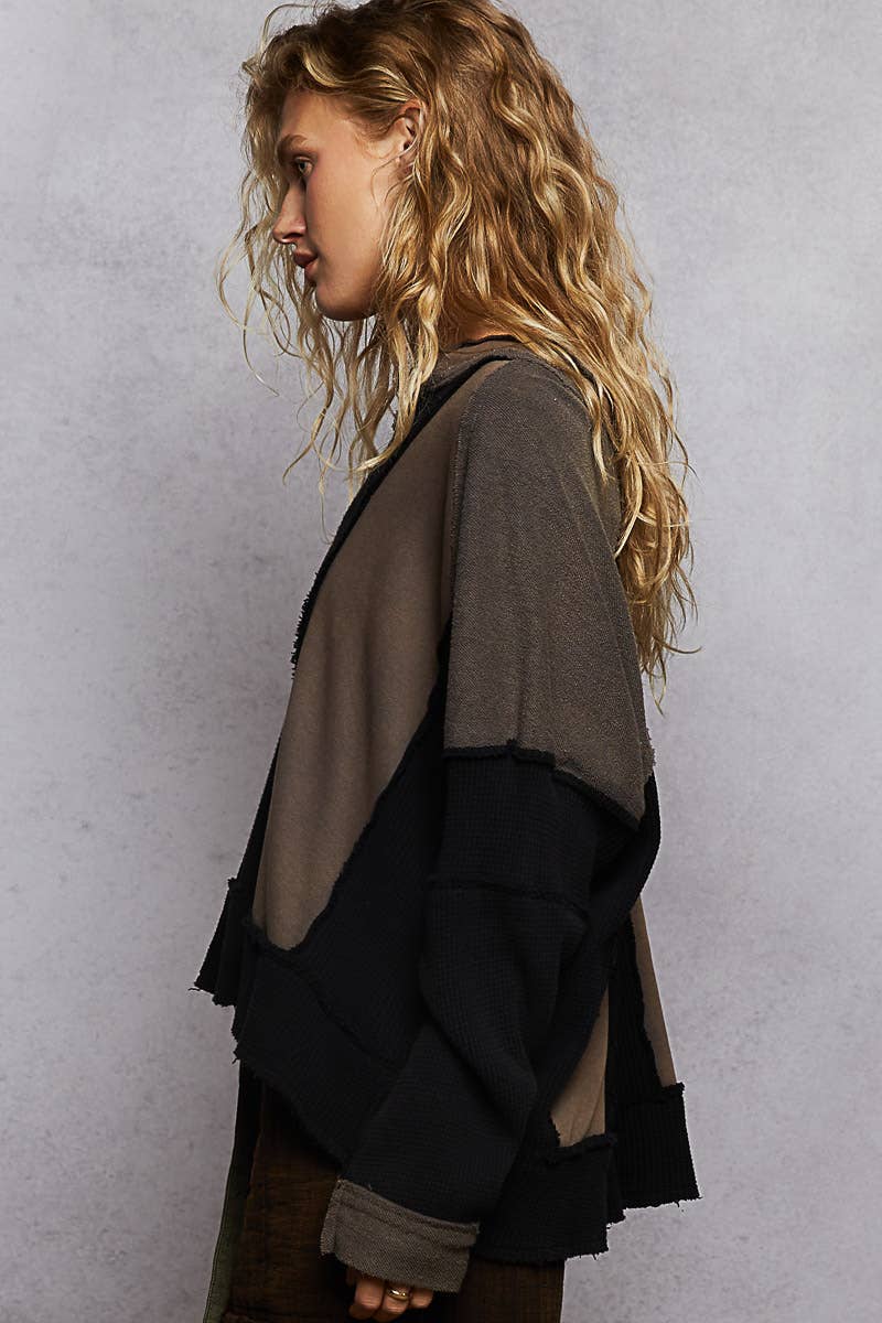 Pol Clothing - Wholesale Knit Top - Women's - Notched Neck Contrast Fabric Basic Long Sleeve Top SALE2