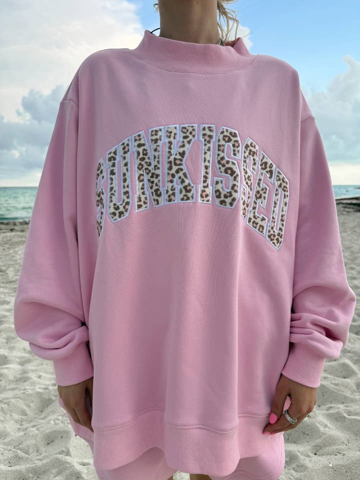 Bubblegum Pink Cheetah Print Varsity Sunkissed Embroidered Mockneck Sweatshirt 100% Cotton for wholesale on Faire