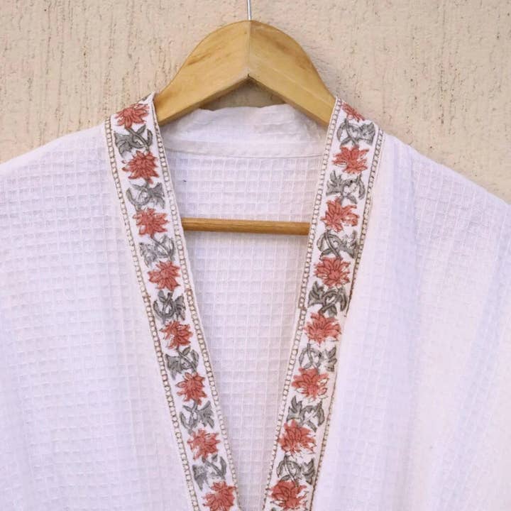 Draped In Heritage - Wholesale Robe - Women's - Red Grey Florals Hand Block Printed Cotton Waffle Bathrobe7