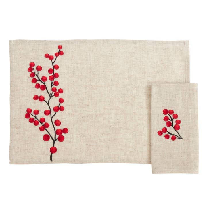 Embroidered Berry 8 pcs Set (4 Placemats, 4 Napkins) for wholesale by Saro Lifestyle