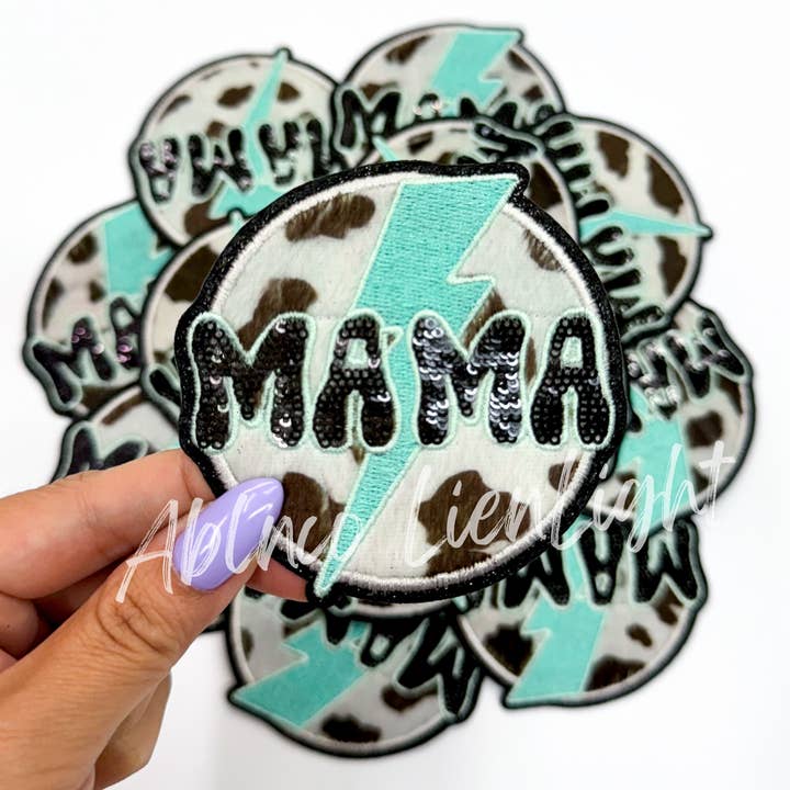 ABLNco - Wholesale Patch - mama fuzzy cow print turquoise bolt patch iron on