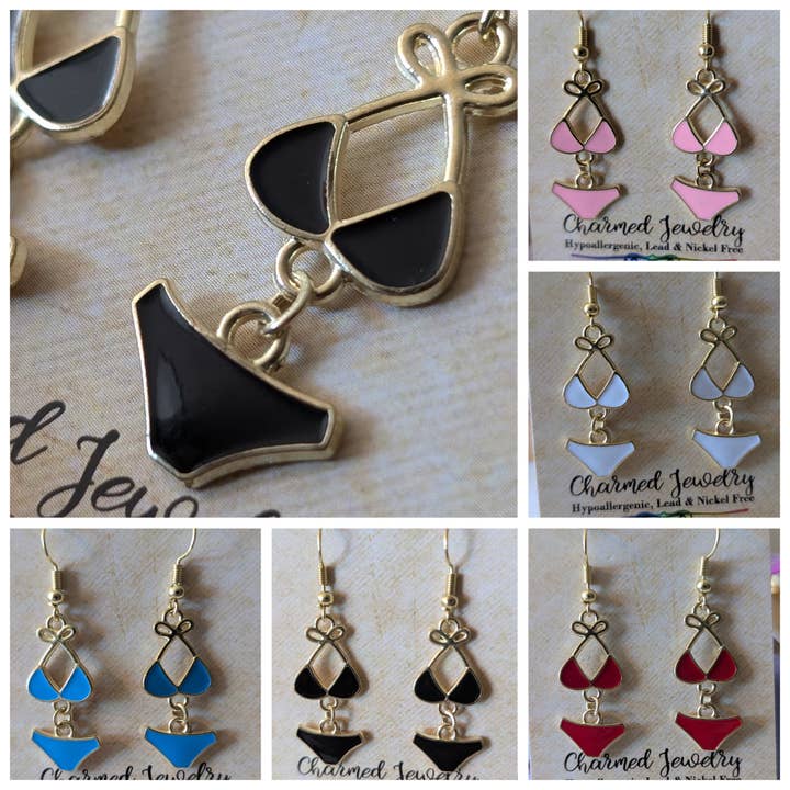 Bikini Earrings, Summer time 2 piece Swim Suit accessories for wholesale by Con-Quest Crafts
