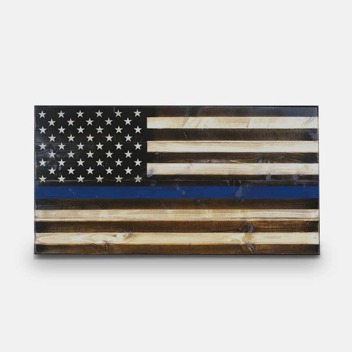 Legacy Series Wooden American Flag - Thin Blue Line for wholesale by Flags of Valor