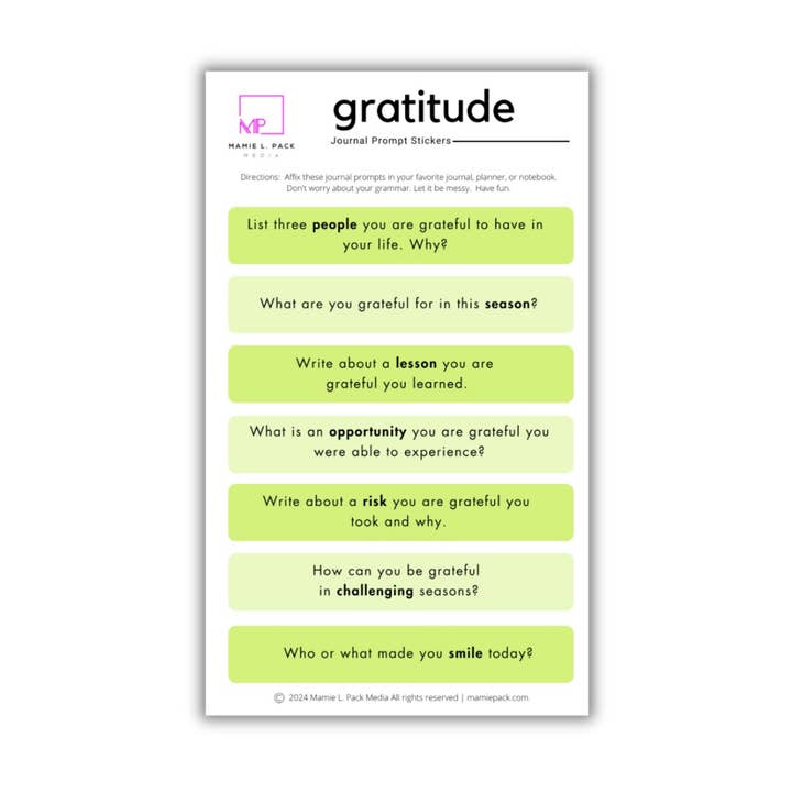 Gratitude Journaling Prompt Sticker for wholesale by Mamie L. Pack Media