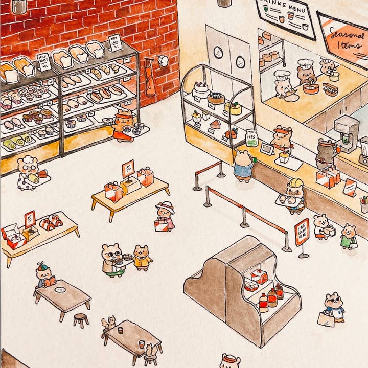 A Busy Bakery in Hamsterville Art Print 4x6" for wholesale by Seenee Scribbles