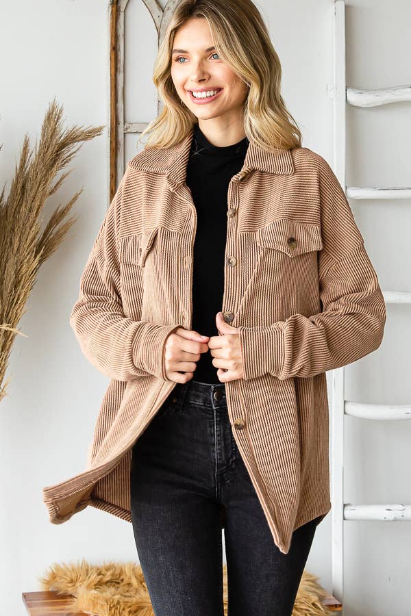 7th Ray - Wholesale Button Down Shirt - Women's - Rib Drop Shoulder Patch Pockets Button Down Shacket T480619