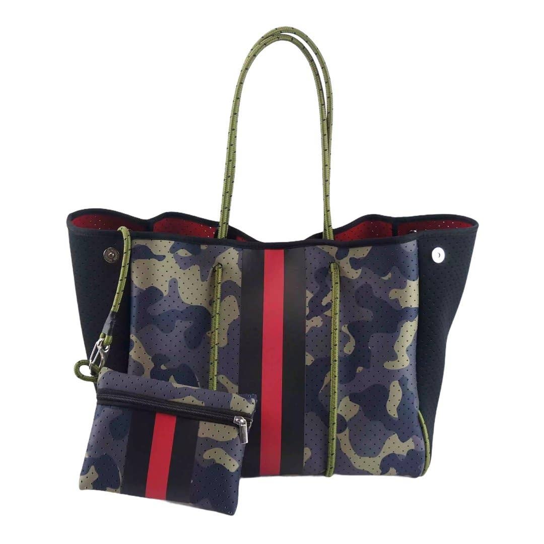 Babs + Birdie - Wholesale Tote Bag - Women's - The Aniella Neoprene Tote - Green Camo with Red Racer Stripe2