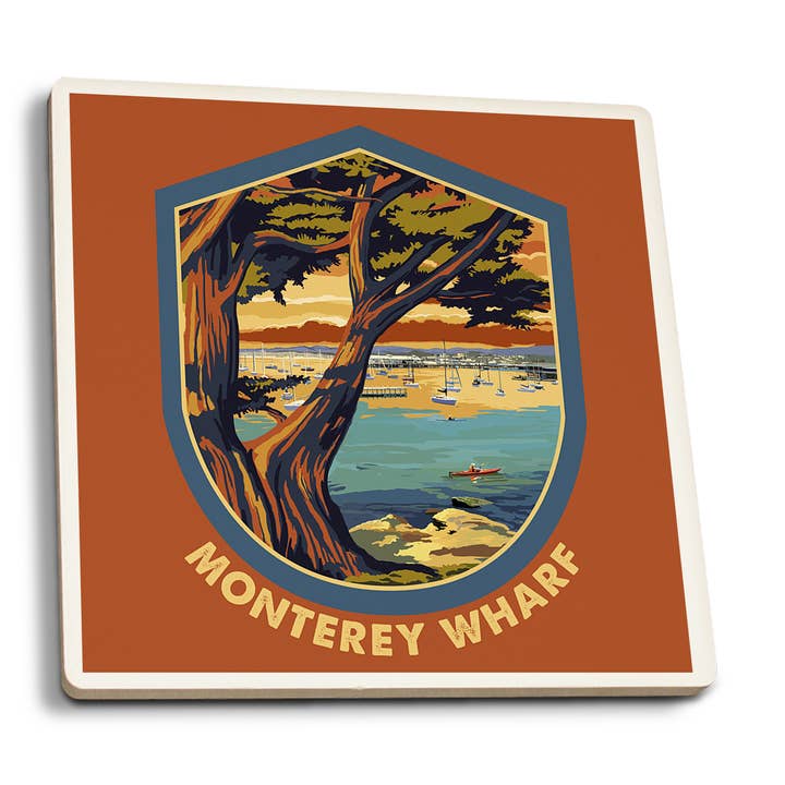 SOTTOBICCHIERE IN CERAMICA Monterey Wharf, California, scena costiera per la vendita all'ingrosso da parte di Lantern Press