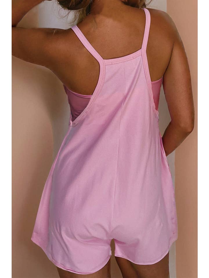 Pink Women Spaghetti Straps V Neck Jersey Romper | S-XL for wholesale on Faire