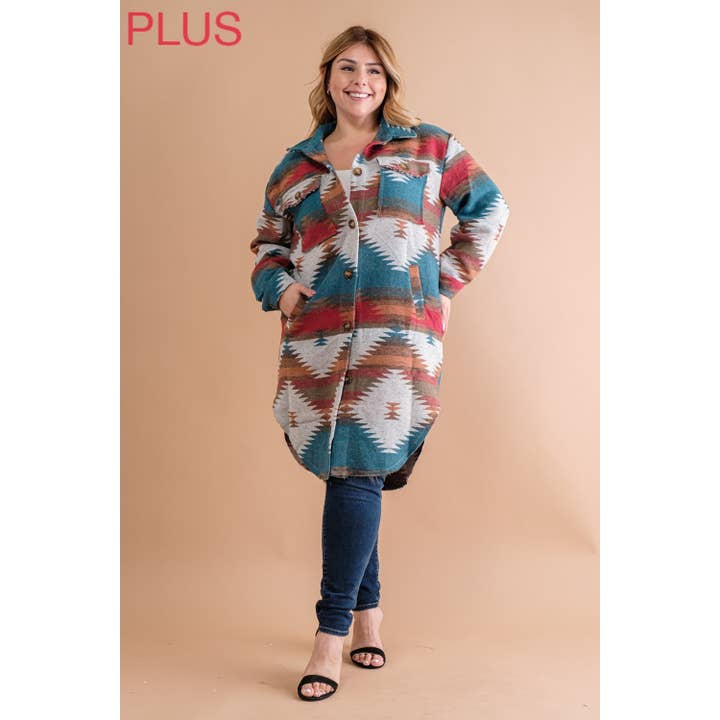 Sweet Generis - Wholesale Shirt Jacket/Shacket - Women's - PLUS LONG TRIBAL AZTEC BUTTON DOWN SHIRT JACKET SHACKET12