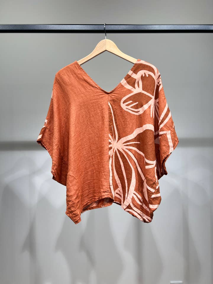 L'Emotion - Vendita all'ingrosso Camicetta - Donna - Maglia in lino 100% con scollo a V e maniche a pipistrello con motivo floreale