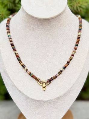 Ocean Jasper Gemstone Stretchy Necklace with Gold or Silver Steer Skull Pendant for wholesale by Lady Bird Market
