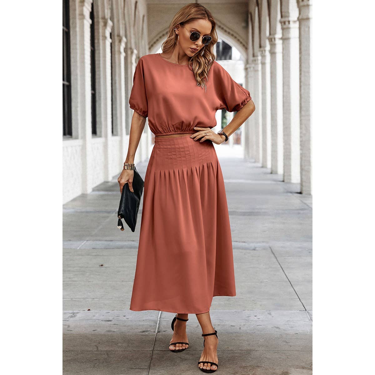 Supreme Fashion - Wholesale Top & Skirt Set - Women's - Two Pieces Solid Color Loose Puff Sleeve Pleated Sets3