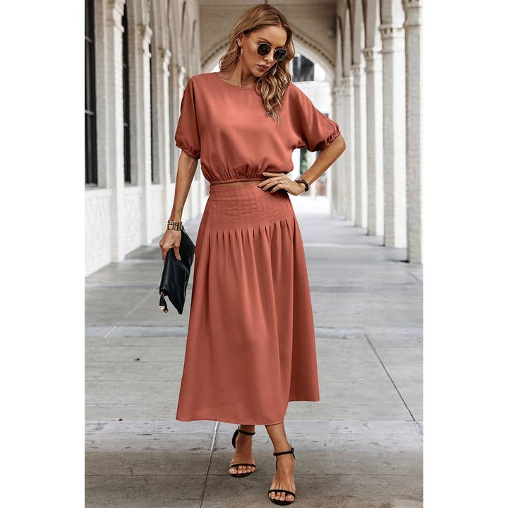 Supreme Fashion - Wholesale Top & Skirt Set - Women's - Two Pieces Solid Color Loose Puff Sleeve Pleated Sets3