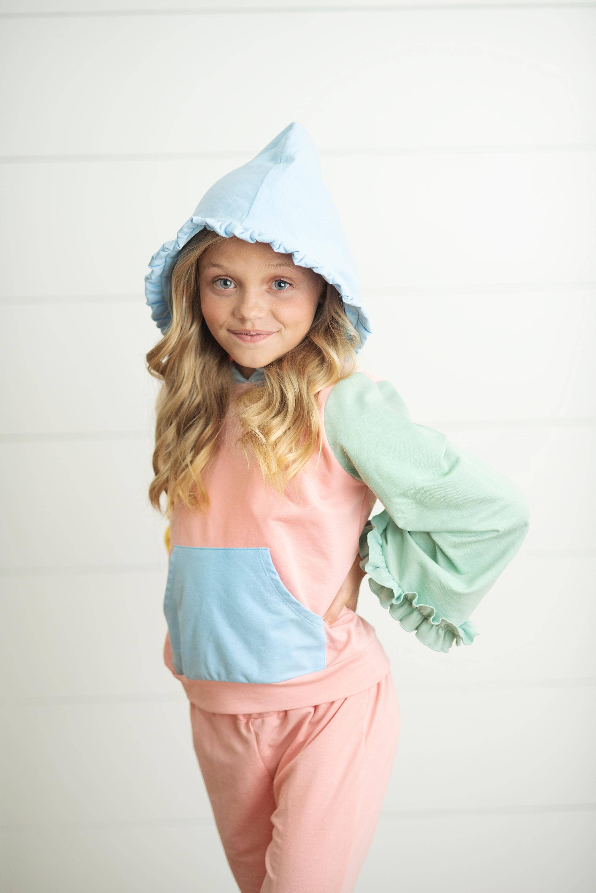 Oopsie Daisy - Wholesale Top & Pant Set - Kids - Kids Pastel Color Block Hooded Ruffle Pocket Fall Lounge Set2
