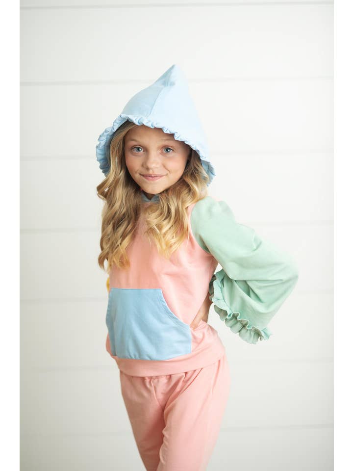 Oopsie Daisy - Wholesale Top & Pant Set - Kids - Kids Pastel Color Block Hooded Ruffle Pocket Fall Lounge Set2