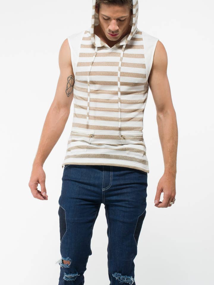 Men's Sleeveless Gold Hoodie for wholesale by Uwi Twins Fashion Label