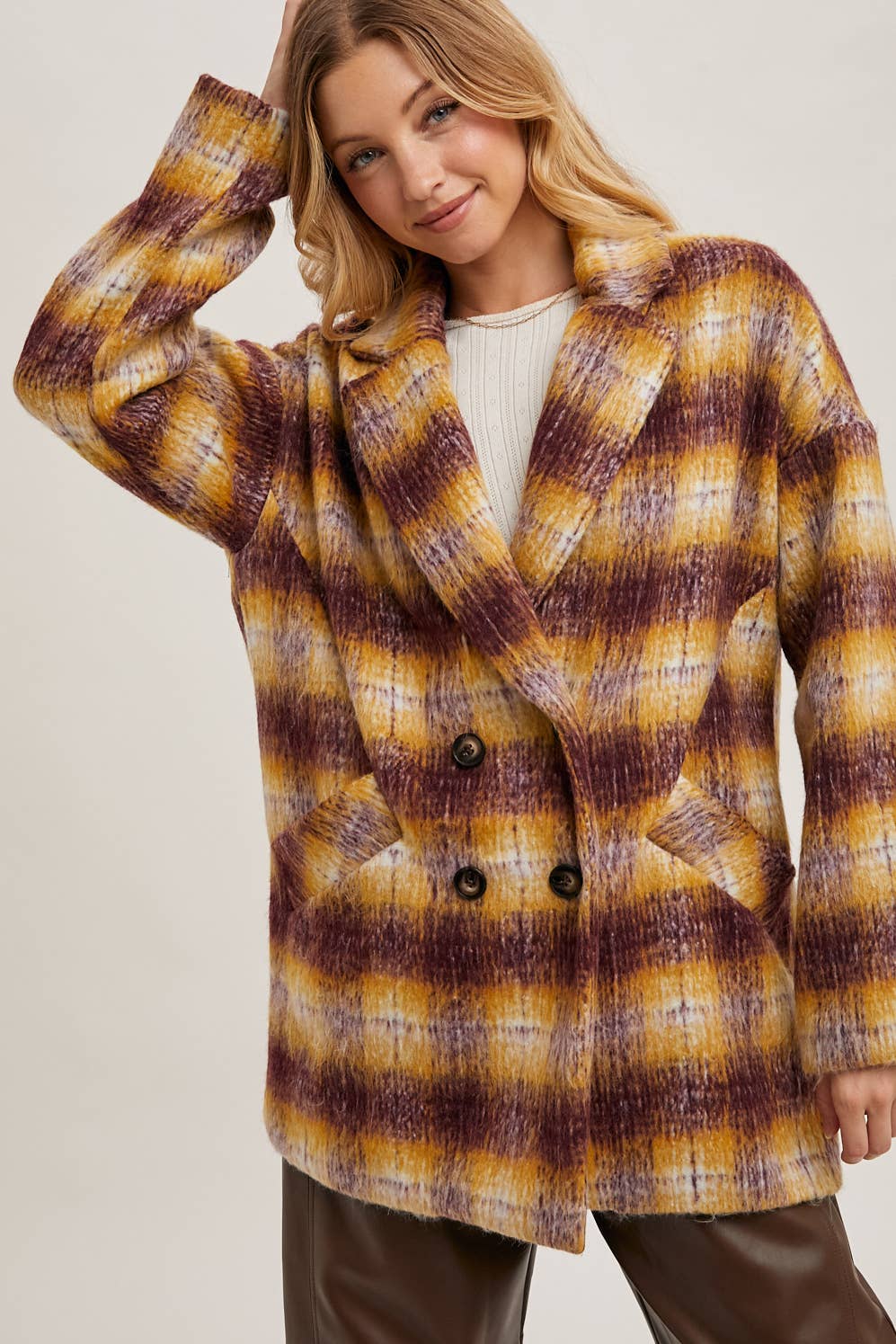 Bluivy - Wholesale Coat - Women's - DOUBLE BREASTED BRUSHED PLAID SHACKET2
