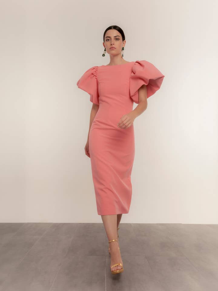 Dolores Promesas - Wholesale Dress - Women's - Coral balloon sleeve straight midi dress3