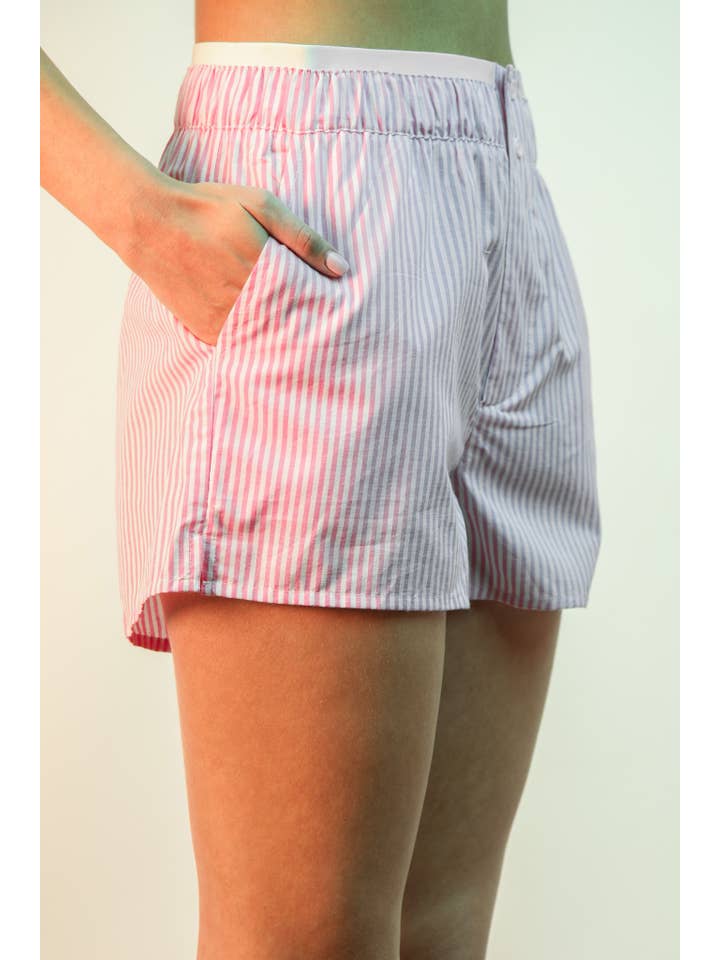 VERY J - Wholesale Lounge Set - Women's - NT12020SET-Striped Oversized Comfy Shirt Top & Shorts Set16