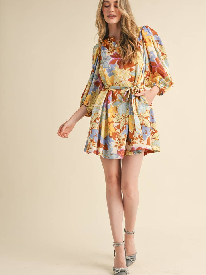 &MERCI - Wholesale Dress - Women's - EXCLUSIVE PRINT PUFF SLEEVE TYING WAIST MINI DRESS MDR335311
