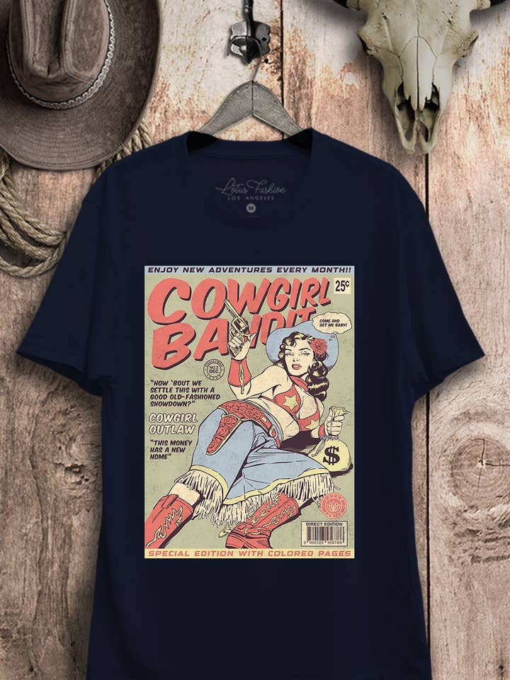 Lotus Fashion Collection - Vendita all'ingrosso Maglietta serigrafata - Donna - Top grafico retrò western da bandita cowgirl1