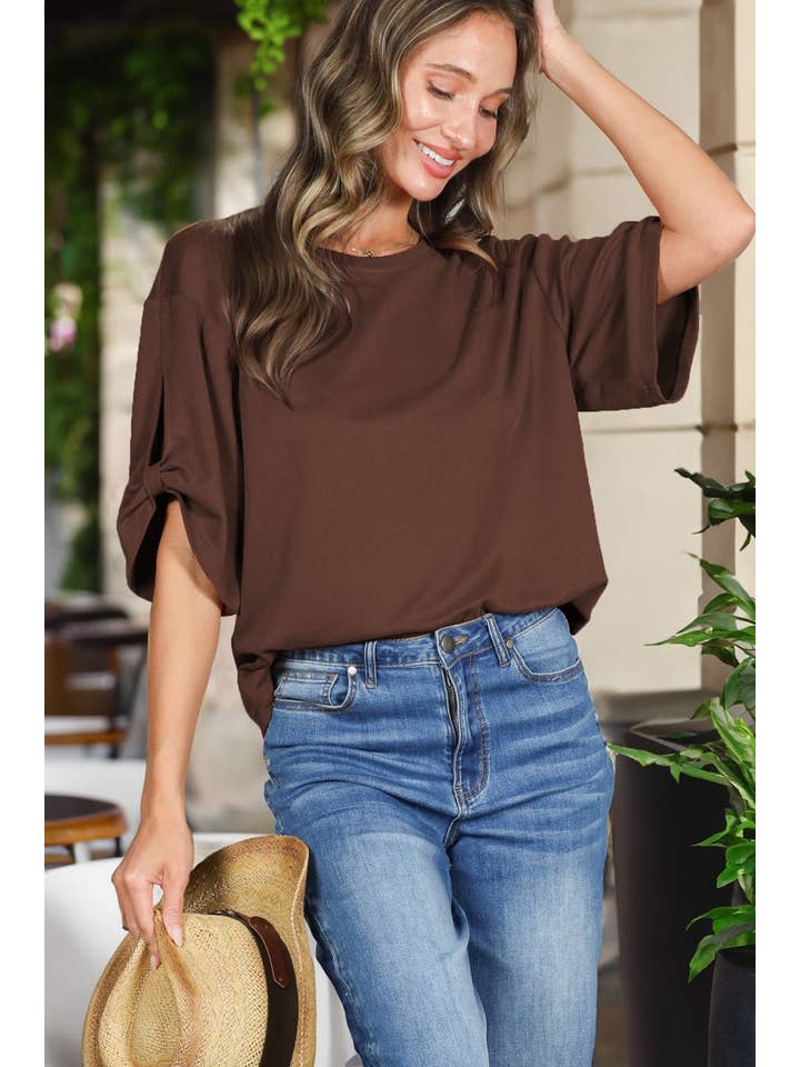 Vine & Love - Wholesale Blouse - Women's - Tie Accent Sleeve Soft Casual T-Shirt Top VT8290731