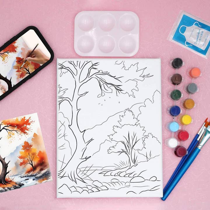 River of Falling Leaves- Pre-drawn Canvas Acrylic Painting Kit with Follow-along Video for wholesale by The Artist's Nest