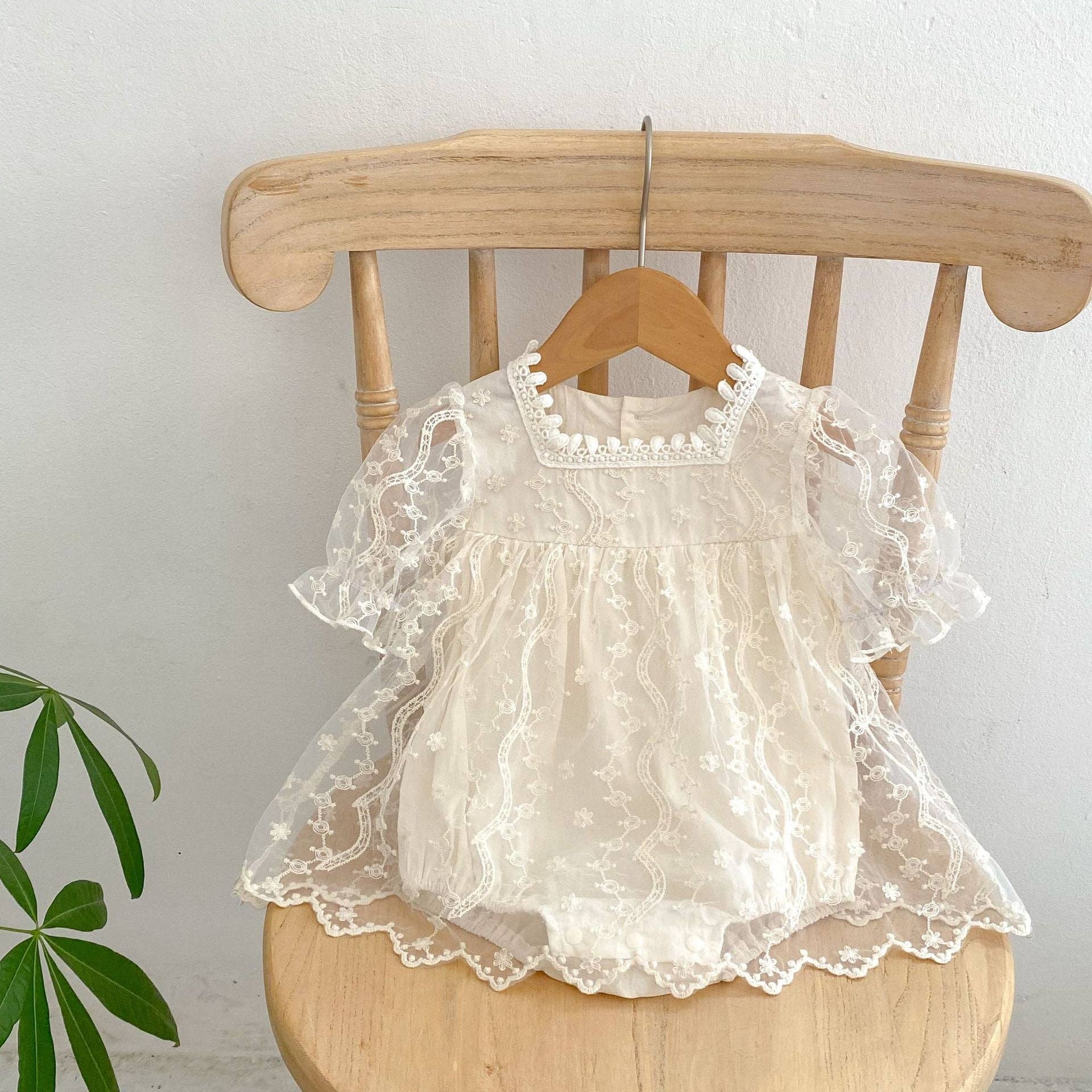 White Baby Girl Solid Color Floral Embroidered Mesh Design Princess Dress for wholesale on Faire1