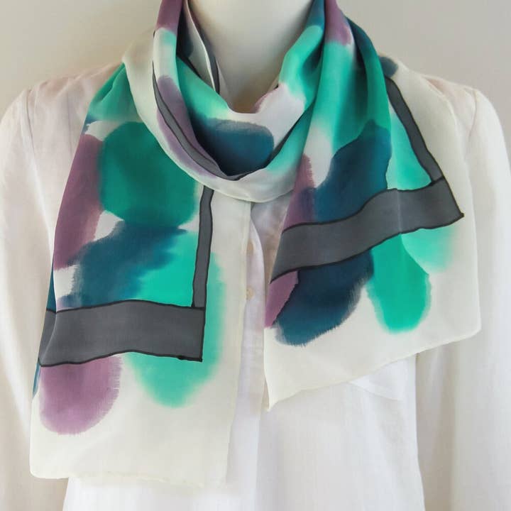 Blueberry Mint Sorbet Hand-Painted Silk Scarf for wholesale on Faire