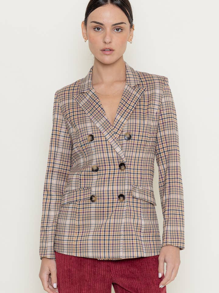 PREPPY CHIC DOUBLE BREASTED PLAID BLAZER-OI5551 for wholesale by Fore Collection