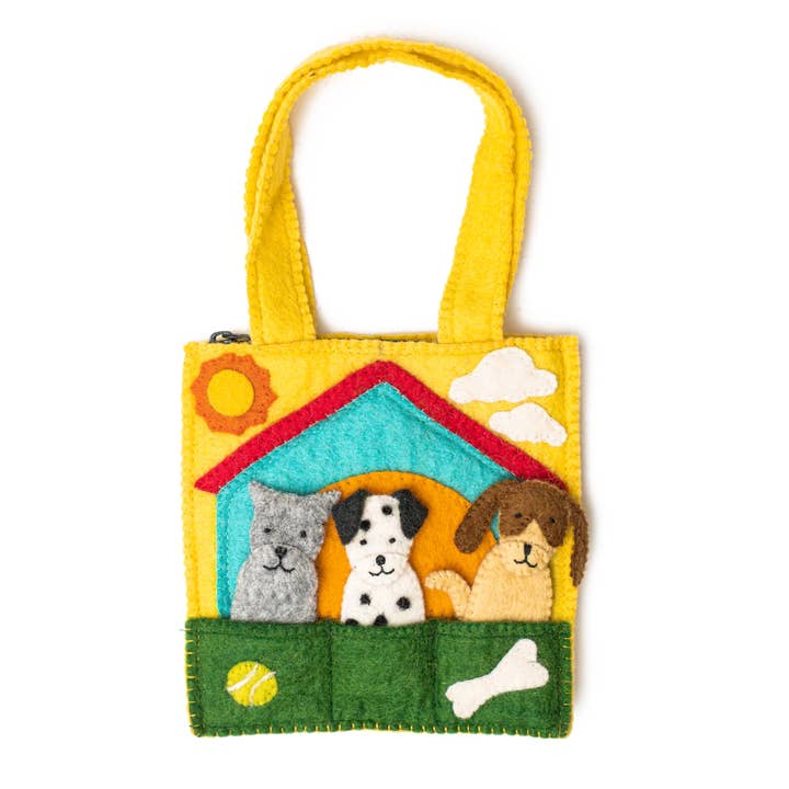 Global Goods Partners - Vente Marionnette à doigt – enfant et bébé - Sac marionnette en feutre avec chiots amovibles5
