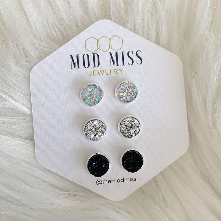 Set of 3: Clear, Silver, & Black Druzy Stud Earrings for wholesale by The Mod Miss