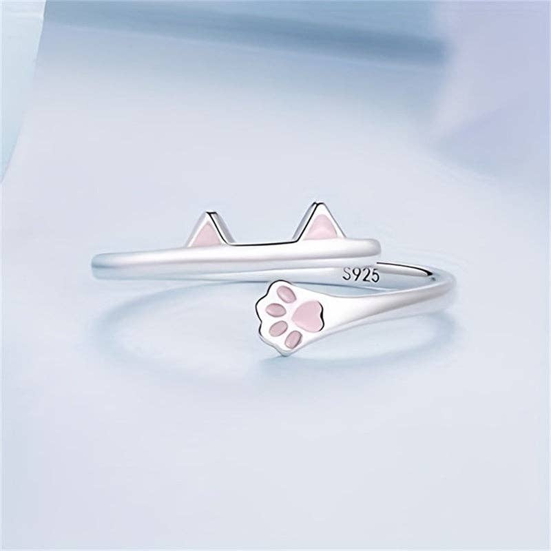 Perimade & Co. LLC - Wholesale Band/Stacked Ring - Dainty Cute Pink Cat Paw Bypass Ring in 925 Sterling Silver1