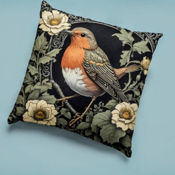 Upside Down Owl Farm - Vente Coussin décoratif - Robin de printemps, Coussin en polyester filé, Design dessiné à la main0