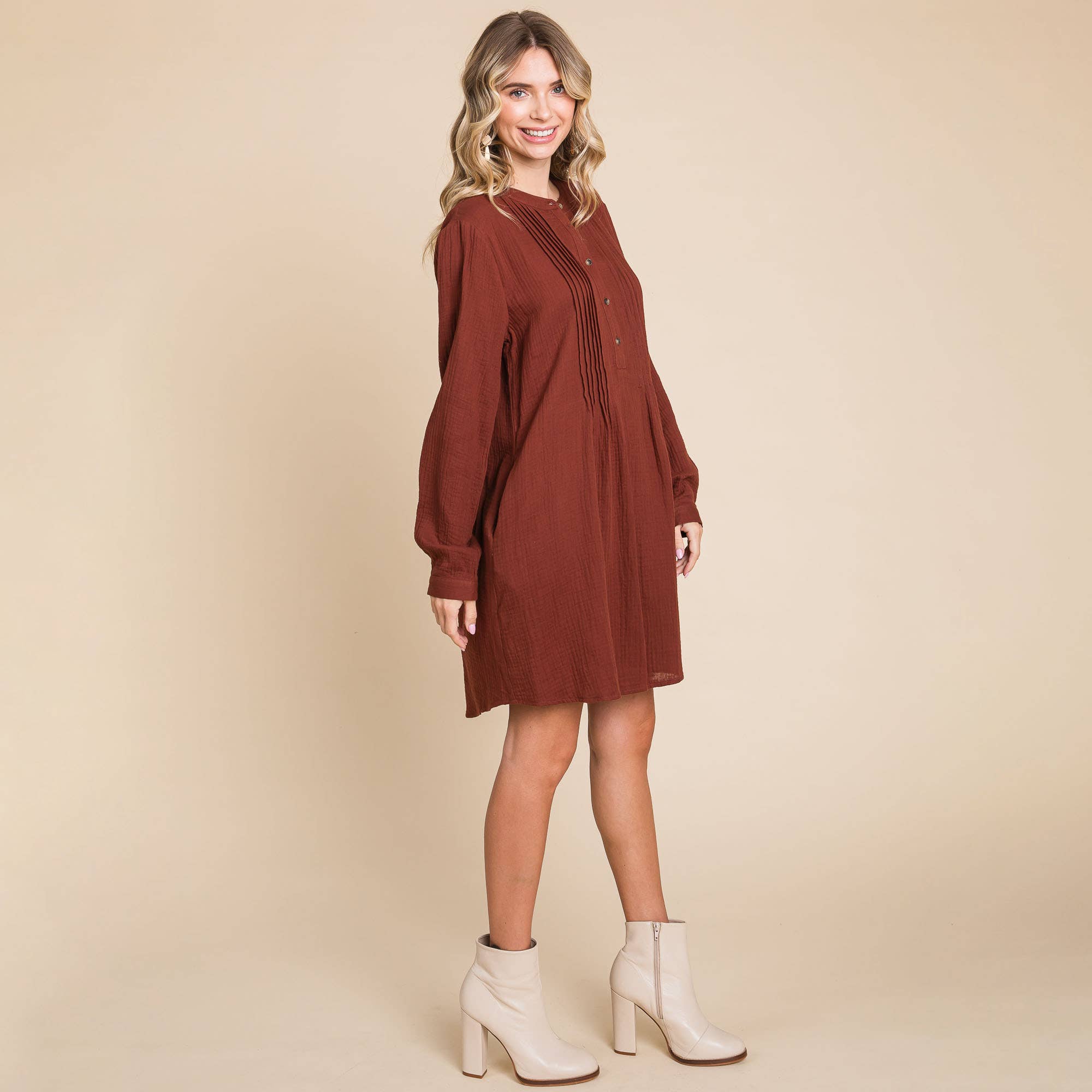 ROLYPOLY - Vente Robe – femme - Robe tunique en coton double gaze manches longues style henley11