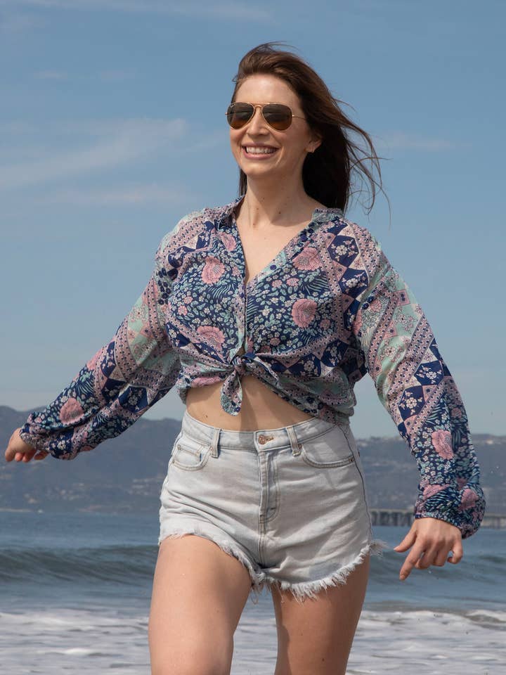 Blusa Stampata Zenzero Maniche Lunghe Patchwork Blu per la vendita all'ingrosso da parte di Blue Boheme