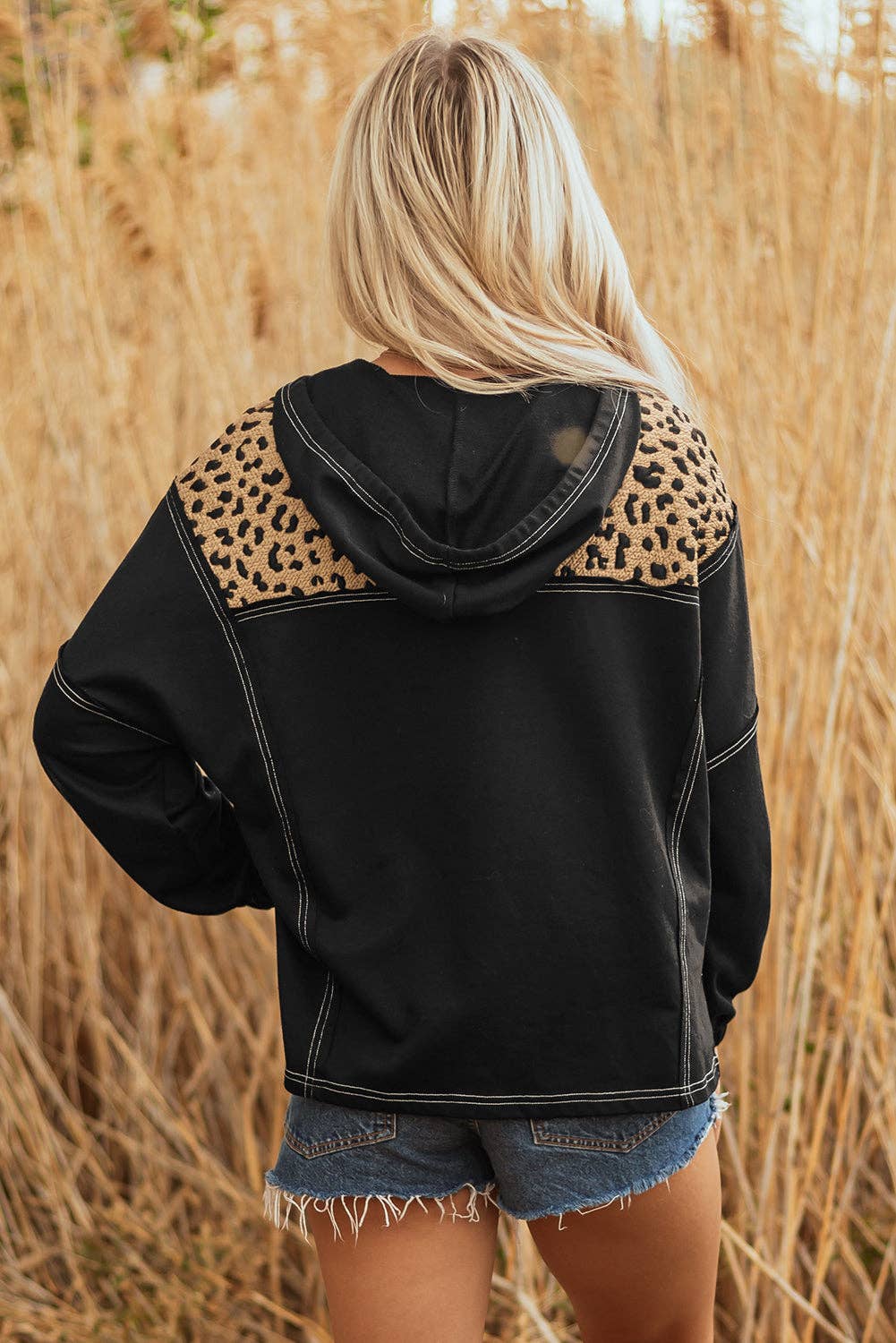 Brown Leopard Patchwork Contrast Stitching Knotted Cuff Quarter Zip Hoodie for wholesale on Faire1