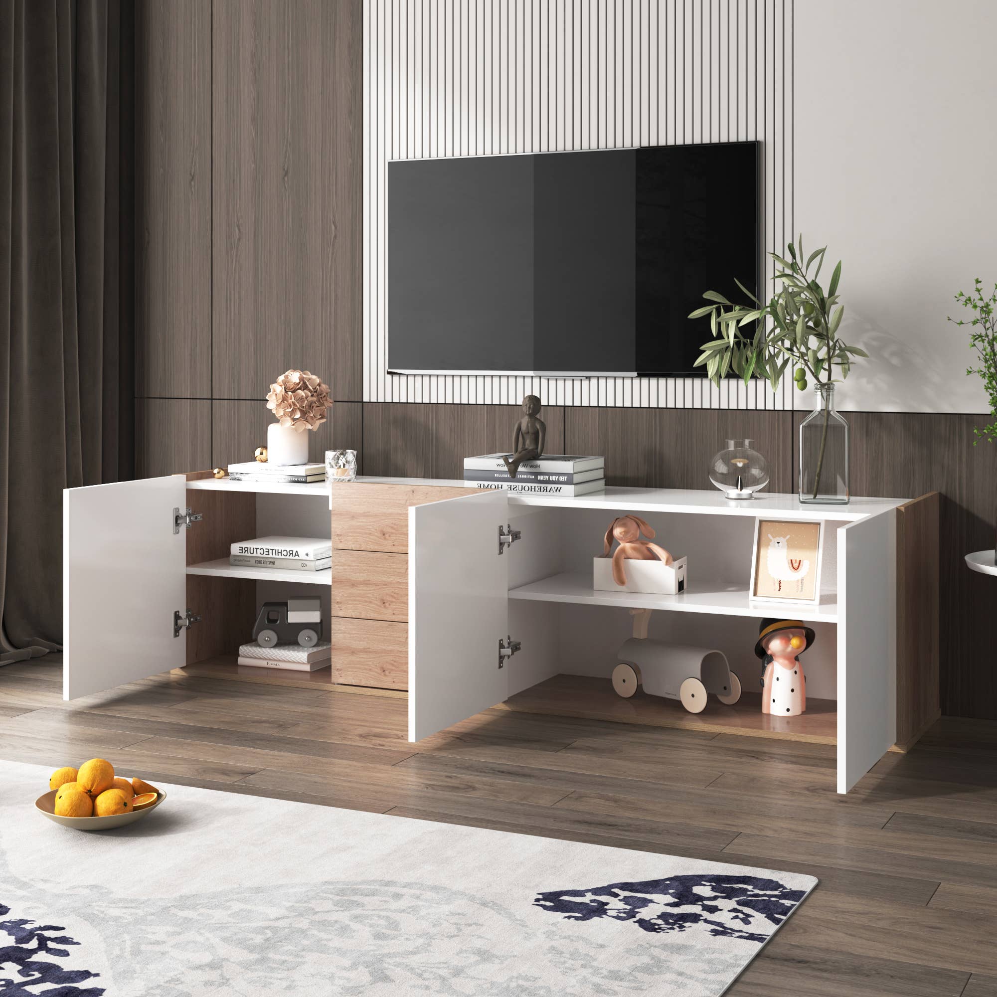 Urban Meuble - Wholesale Console Table - White and wood TV stand with 3 doors and 3 drawers3