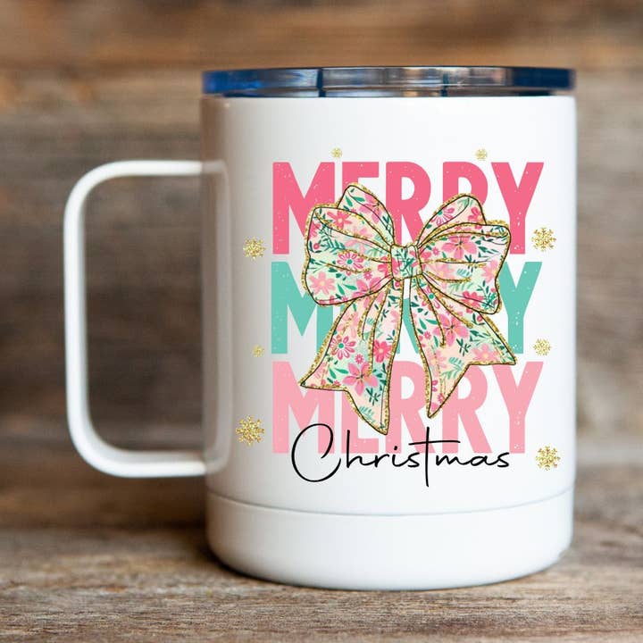 Christmas 12oz Travel Coffee Mug for wholesale by Stencil Art Canada