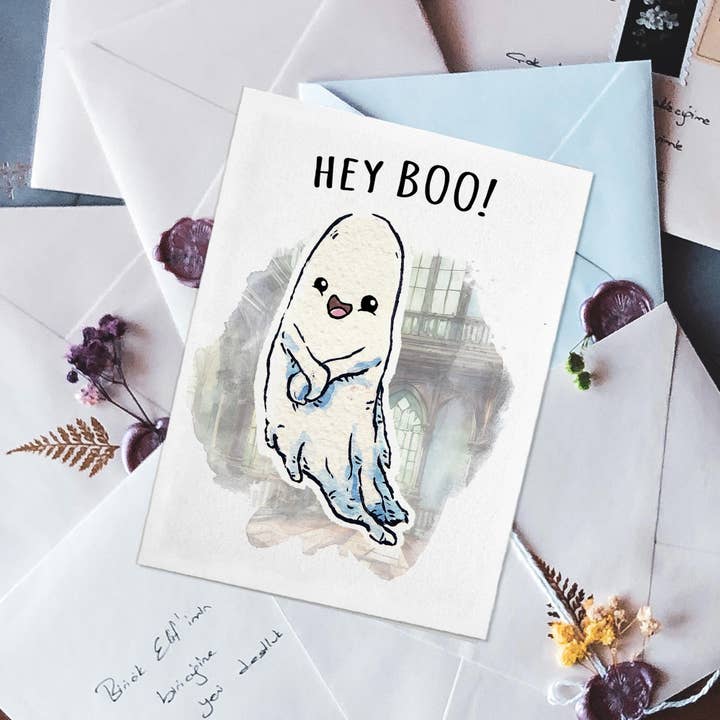Aaron Millard Illustration - Venta al por mayor Tarjetas de amistad - «Hey Boo» - Tarjeta de Halloween con fantasmas espeluznantes, tarjeta para parejas de terror2