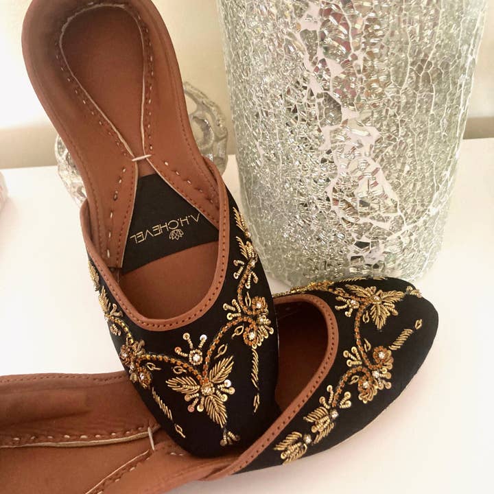 Winged Glory Golden Embellished Premium Black Wedding Khussa Flats with Low Heels for wholesale on Faire