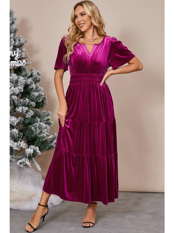 Aapparella - Wholesale Dress - Women's - Chic Velvet Shirred Waist Tiered Fall Maxi Dress | S-XL