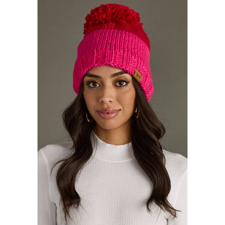 Panache Apparel Co. - Wholesale Beanie - Women's - Red & Pink Color Block Pom Hat